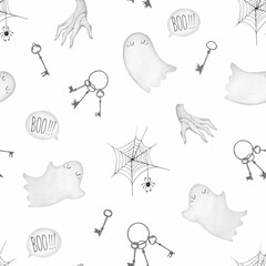 Seamless halloween pattern with ghosts, cobwebs and keys.
