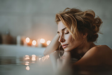 woman in tranquil bathroom surrounded by aromatic candles embodies deep serenity