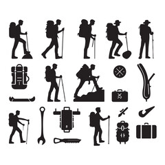 Obraz premium Minimal Hiking Man & Outdoor Gear Vector Set