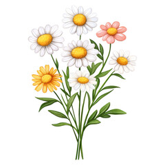 Vibrant Flower Bouquet with Daisies and Colorful Blooms isolated on transparent background.