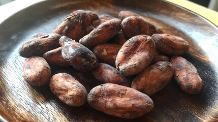 Obraz premium Dried cacao beans piled on a dark wooden plate. Several beans display a reddish-brown, rough texture