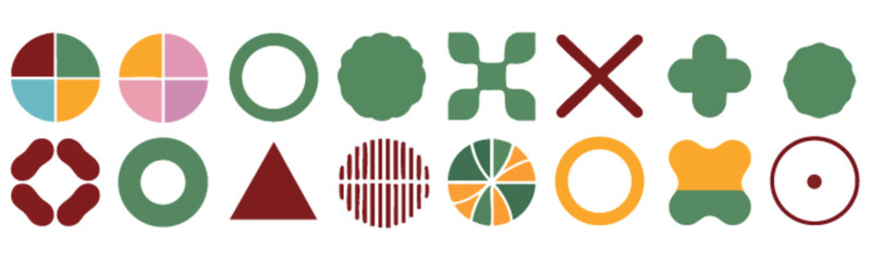 Obraz premium A collection of colorful geometric shapes arranged in two rows, various designs.