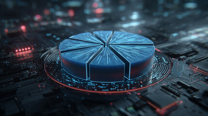 A blue pie chart divided into segments sits on a glowing circuit board, representing data and analytics