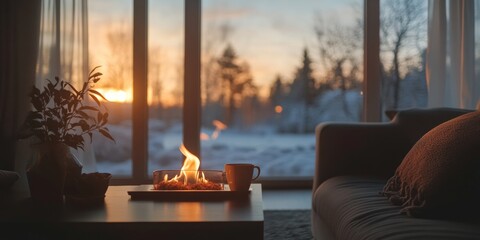 A warm and inviting living room setting as the day transitions to evening.