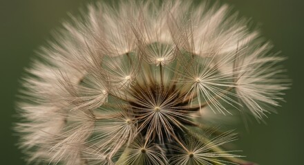 Intricate details of a dandelion seed head against a blurred green background offering nature's