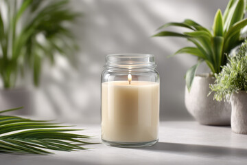 softly glowing candle placed inside jar rests on floor creating warm ambiance