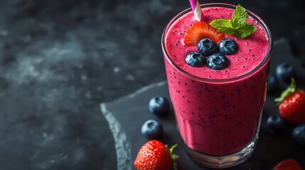 Delicious berry detox smoothie with fresh berries on dark background, selective focus. Diet, clean eating, healthy eating, vegan, vegetarian.