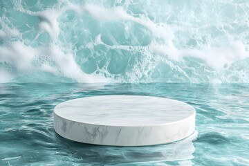 Marble podium on water surface with wave background for product presentation display stand mockup scene