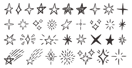 Whimsical hand-drawn stars with stripes, sparkles, and pastel strokes. Vector icons in doodle style, ideal for kids' art, blackboard designs, and magical, fun illustrations.