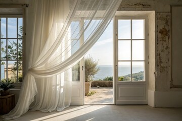 Fototapeta premium Beautiful Coastal View From a Sunlit Room With Flowing Curtains