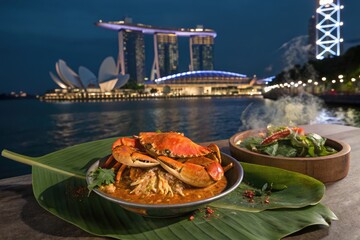 Delicious Crab Dish With Backdrop of Marina Bay Sands at Night