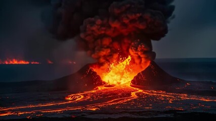 A powerful volcano erupting with molten lava flowing down its slopes and a large plume of smoke and ash - Powered by Adobe