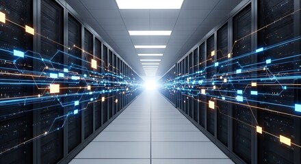 Futuristic data center with glowing digital streams