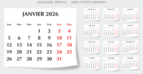 2026 year french page calendar with 12 months. Vector paper page illustration set France - calendrier