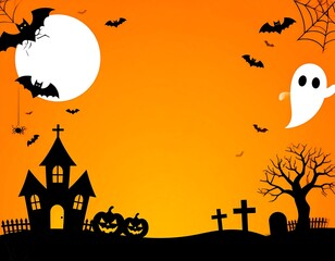 Halloween spooky scene with church, pumpkins, bats, ghost