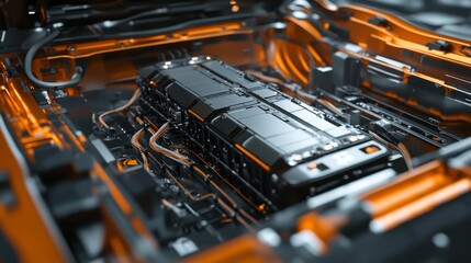 Close up of computer hardware with intricate design. Multiple chips and integrated circuits on circuit board.
