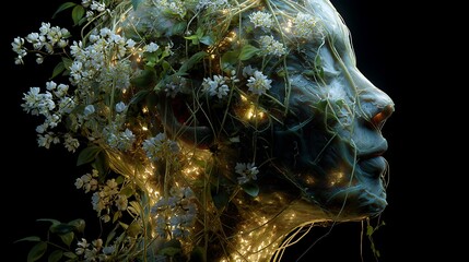 fantastical human head merging with glowing foliage, neural pathways replaced by blooming vines and radiant blossoms 