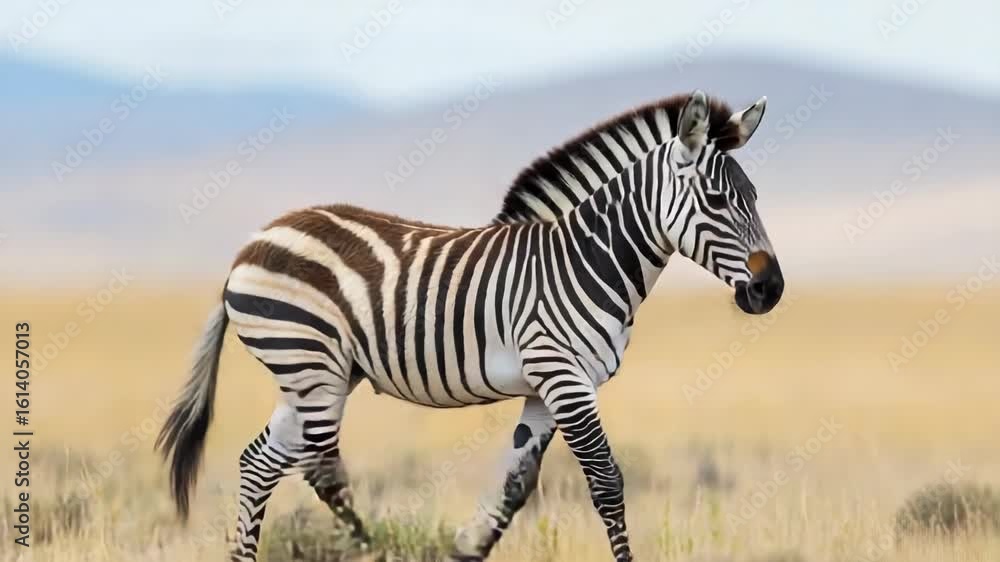 Poster a zebra stands in a field with mountains in the background
