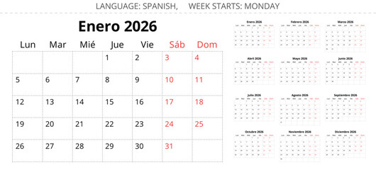 2026 Spanish calendar. A collection of paper page vector illustrations for each month in year. Spain