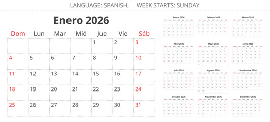 2026 Spanish calendar planner. A collection of vector illustrations for each month in year. Spain
