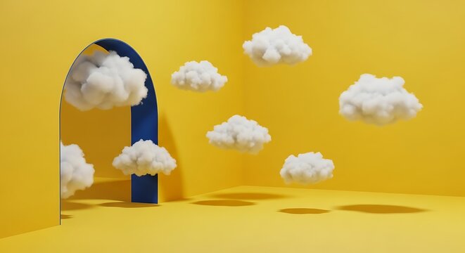 Fototapeta Whimsical yellow room with floating cotton clouds and archway