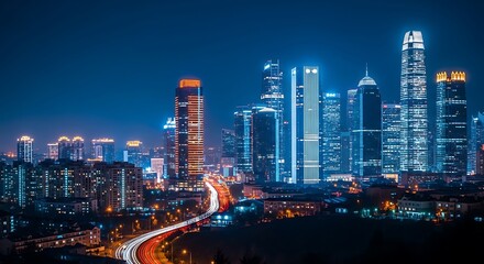 Obraz premium A Captivating Panoramic View of a Modern Cityscape at Night Illuminated by Brilliant Blue and Yellow Lights Showcasing Tall Buildings and a Busy Highway