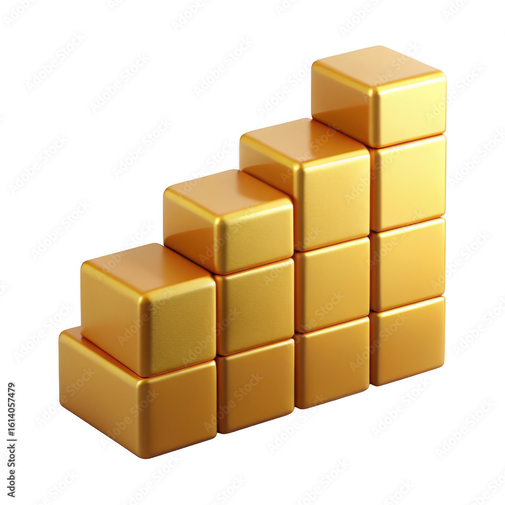 Poster golden blocks stacked in staircase formation isolated on transparent background