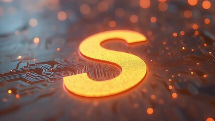A glowing orange letter made from digital energy particles rests circuit board futuristic 4K animation symbolizing innovation software power technology - Powered by Adobe