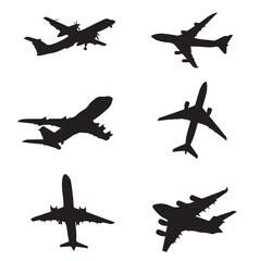 Set of airplanes silhouettes. Planes in flight, takeoff, running, landing, front, up and profile