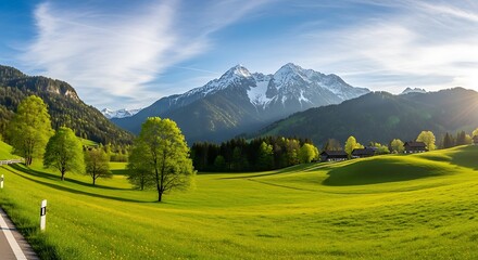 Lush green valley with majestic snow capped mountains under a blue sky