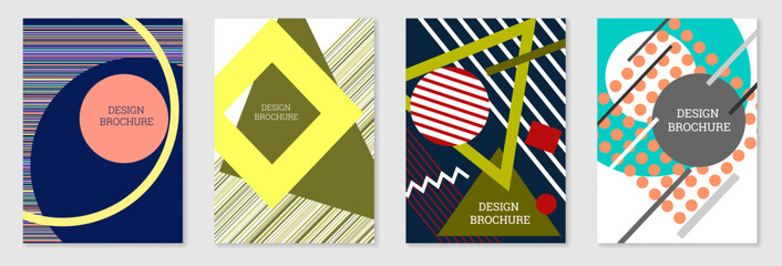 Set of cover design in Memphis style. Geometric design, abstract background. Fashionable bright cover, banner, poster, booklet. Creative colors.