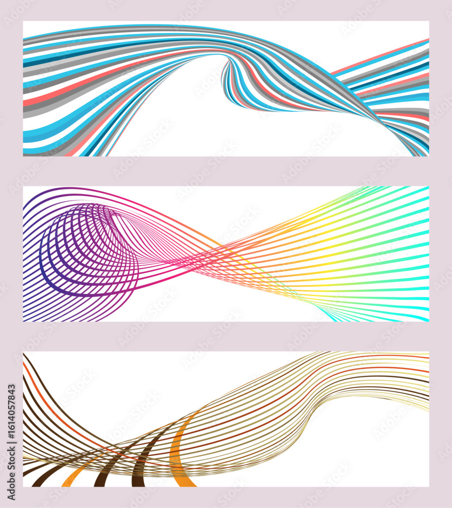 Poster wavy lines or ribbons. set of 3 backgrounds. multicolored striped gradient. creative unusual backgro
