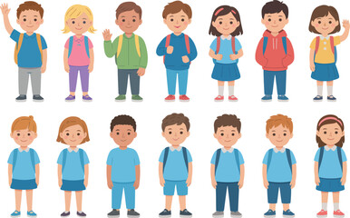 School kids vector illustration diverse group of students with backpacks happy