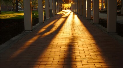 Fototapeta premium Sunlight streams through a covered walkway, casting long shadows on the brick path.