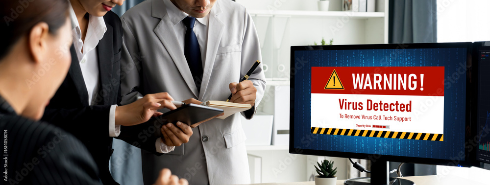 Poster virus warning alert on computer screen detected brisk cyber threat , hacker, computer virus and malw