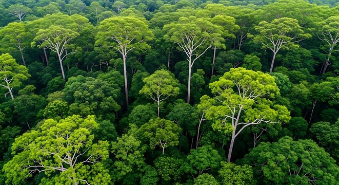 Lush green canopy of a dense tropical rainforest from above