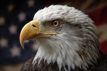 Obraz premium Majestic Bald Eagle Soaring Over the American Flag, Symbolizing Patriotism in United States Background