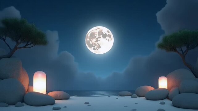 A minimalist 4K nightscape animation tranquil Zen rock garden under full moon glowing lanterns gentle wind sounds starry skies perfect relaxation