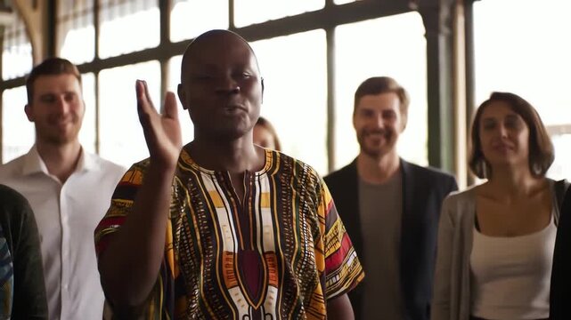 A friendly African man in traditional clothing smiling and waving at the camera with a diverse group behind him