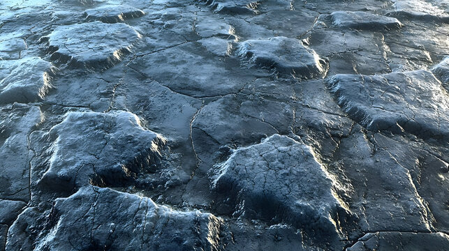 A textured, cracked surface of dark gray and blue stones.  Rocky terrain, like a barren, icy planet