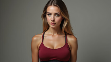 Confident woman in red sports top posing with flat stomach and toned body after weight loss