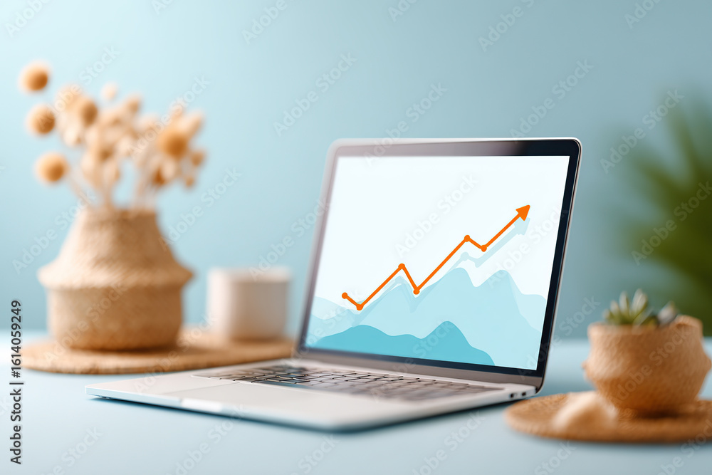 Poster laptop displaying upward growth graph on screen with decorative elements on desk