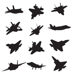 F-35 Fighter jet fighter icons set. Simple illustration of 16 fighter jet fighter icons for web