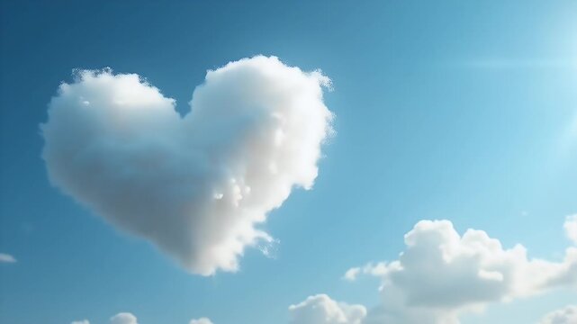 AI generated 4K animation fluffy heart shaped cloud floating vibrant blue sky symbolizing love dreams serenity perfect romantic intros St Valentine&rsquo;s Day