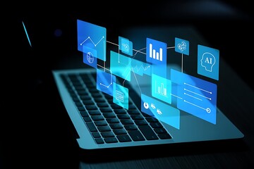 Futuristic holographic interface displaying data charts and graphs projected from a modern laptop computer in a dark environment symbolizing advanced technology and digital information