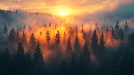 Obraz premium Sunrise through misty forest