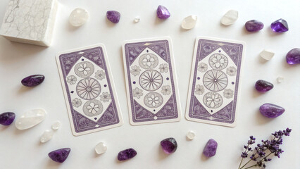 Flat lay of a minimal 3-card tarot spread on a clean white background
