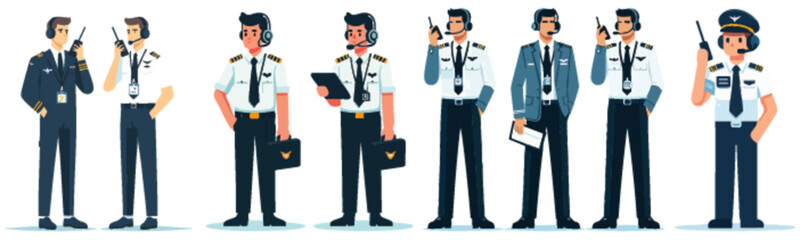 A group of pilots in various poses, some holding radios, briefcases, or clipboards.