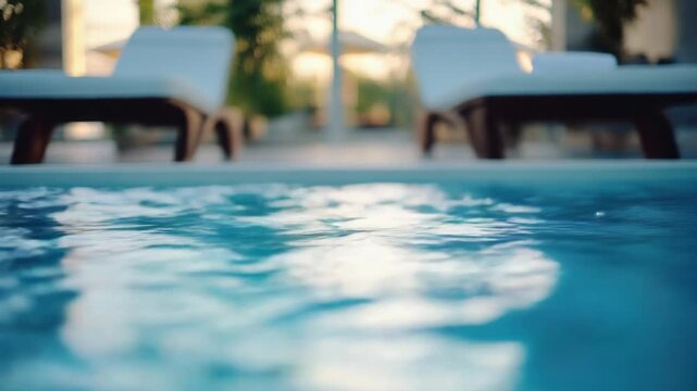 A pool with lounge chairs in the background, perfect for sunbathing or reading a book