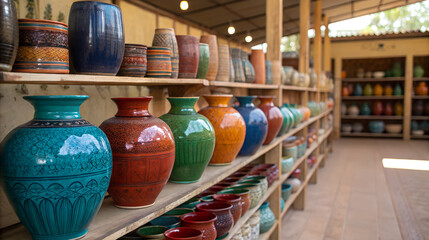 Obraz premium Colorful ceramic vases and pottery displayed on shelves in a shop